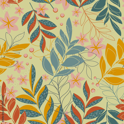 Fantasy leaves and branches form a modern botanical seamless pattern for textiles. 