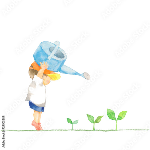 新芽に水をかける男の子