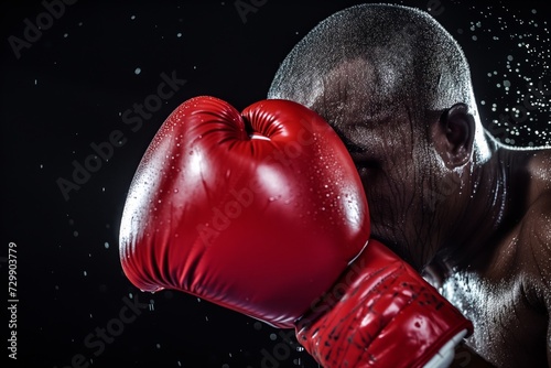 boxers face with sweat and boxing gloves