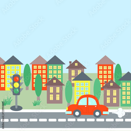 Fototapeta Naklejka Na Ścianę i Meble -  Template with a car on a road in the city with buildings and a traffic light. Cartoon vector illustration for book cover, print, poster.
