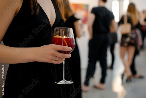 person in a black dress at an art gallery event with a glass of red sangria
