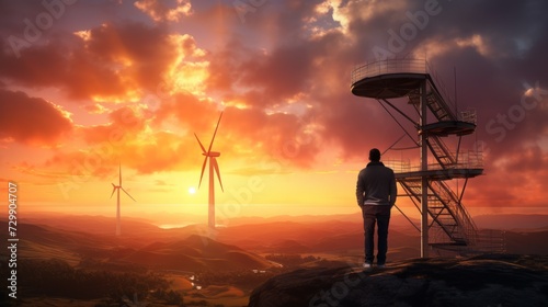 A male engineer stands near a windmill and looks at the beautiful landscape at sunset. Renewable environmentally friendly electric energy in nature, a power plant in the field. © liliyabatyrova