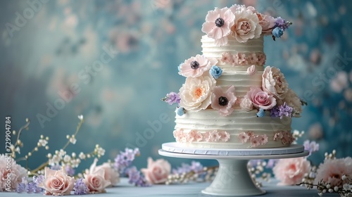 An elegant three-tiered birthday cake with pastel floral accents on a minimal...