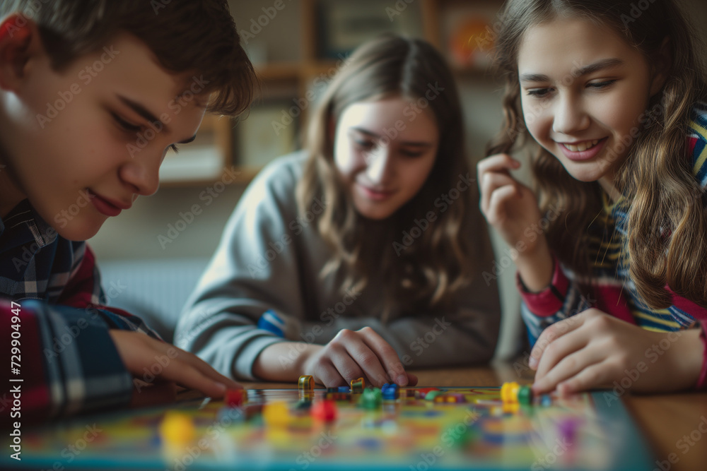 Joyful Children Engaged in Board Game: Heartwarming Scene of Playful Laughter and Positive Interaction, Fostering Bonds and Fun Memories