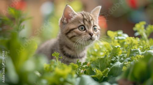 A Scottish Fold kitten curiously exploring a garden.