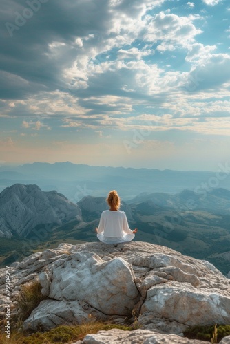 A tranquil yoga session on a serene mountaintop, under a serene, cloudless sky.