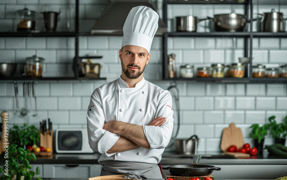Portrait of a professional chef with hat in a modern restaurant kitchen while using a frying pan.