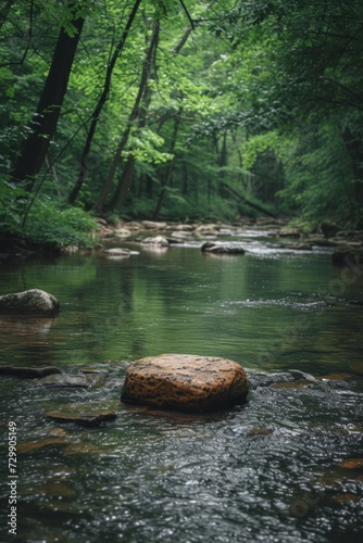 A tranquil, minimalist forest stream with a single, smooth rock in the water