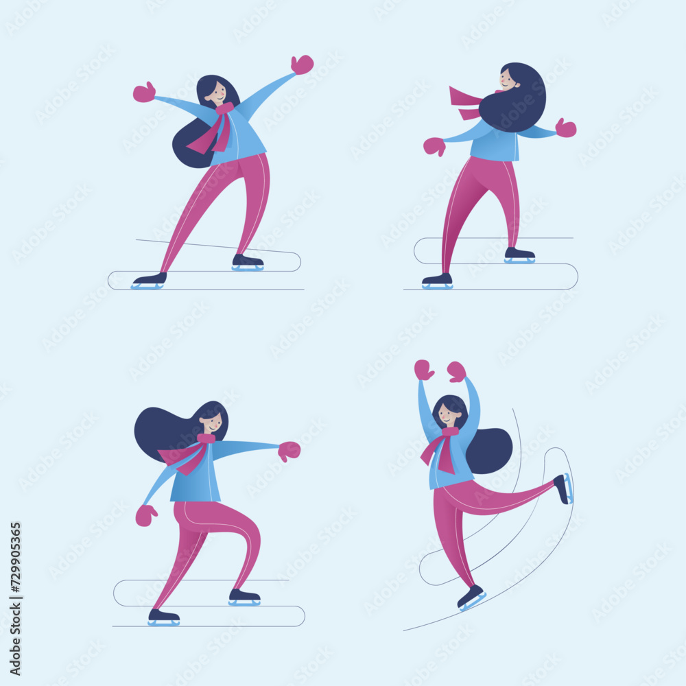 Illustrations of Women Skiing in Winter