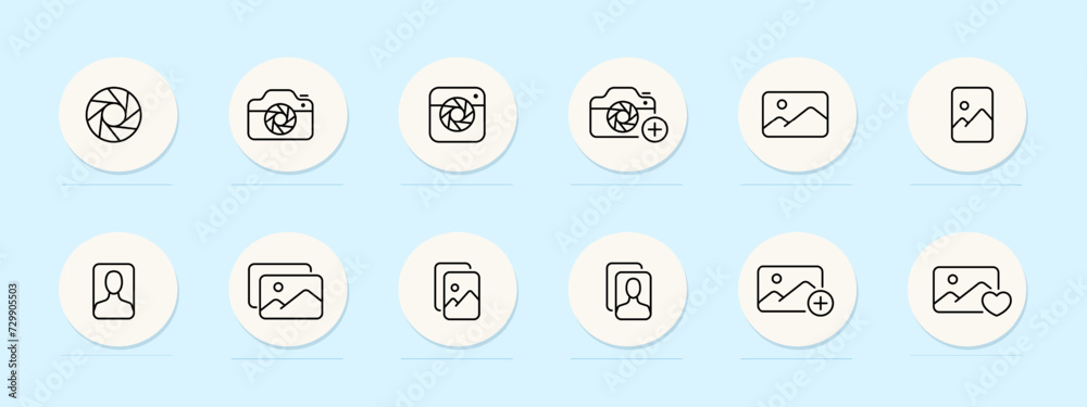 Camera line icon. Versatile, high-resolution, professional-grade, photography, innovation, precision, compact, lightweight. Pastel color background. Vector line icon for business and advertising Camera line icon. Versatile, high-resolution, professional-grade, photography, innovation, precision, compact, lightweight. Pastel color background. Vector line icon for business and advertising