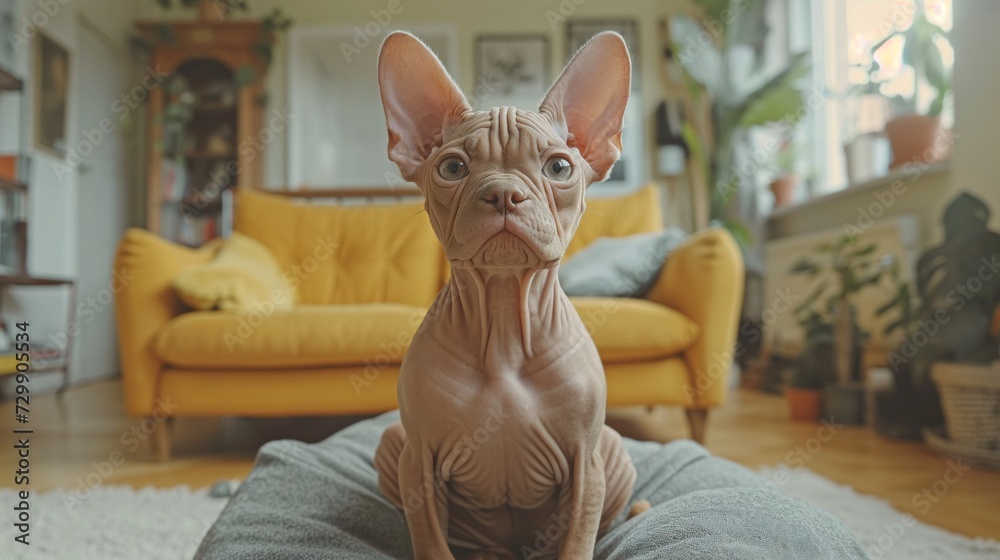 AI generated illustration of a sphynx cat sitting on a cushion in a living room