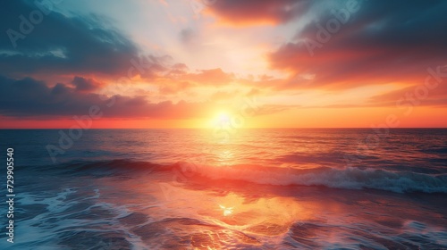 AI generated illustration of sea waves against the beach at sunset