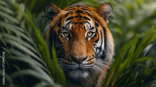 AI generated illustration of a close-up portrait of a Bengal tiger in a green jungle © Wirestock