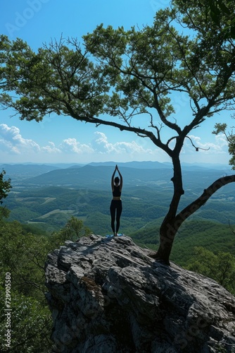 A tranquil yoga session on a serene mountaintop, under a serene, cloudless sky.
