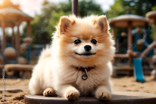 Fluffy puppy of Small German Pomeranian on dog playground, stretches out paw to owner. White funny doggy German Spitz dog gives paw on walk in nature, outdoors. Pet love concept. Copy ad text space