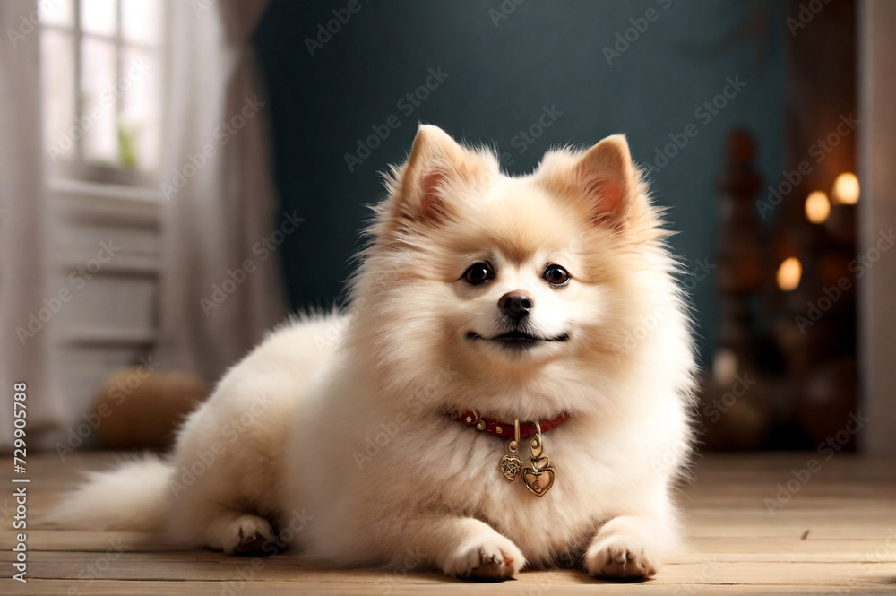 Fluffy puppy of Small German Pomeranian on dog playground, lying down on wooden floor. White funny doggy German Spitz dog playing on walk in nature, outdoors. Pet love concept. Copy ad text space