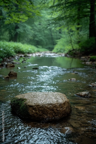 A tranquil, minimalist forest stream with a single, smooth rock in the water