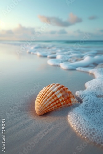 A tranquil beach scene with just a single, perfectly placed seashell in the sand