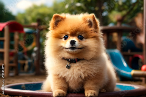Fluffy puppy of Small German Pomeranian on dog playground, sitting, looking away. White funny playful doggy German Spitz dog playing on walk in nature, outdoors. Pet love concept. Copy ad text space