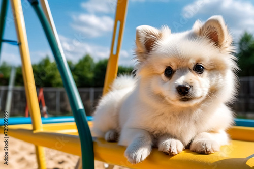 White fluffy puppy of Small German Pomeranian sitting on dog playground, looking at camera. Funny playful doggy German Spitz dog play on walk in nature, outdoors. Pet love concept. Copy ad text space