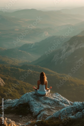 A tranquil yoga session on a serene mountaintop, under a serene, cloudless sky. © olegganko
