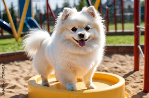 White fluffy doggy of Small German Pomeranian posing on dog playground, looking at camera. Portrait of funny puppy German Spitz dog on walk in nature, outdoors. Pet love concept. Copy ad text space