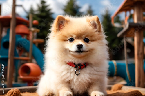 White fluffy puppy of Small German Pomeranian sitting on dog playground, looking at camera. Funny playful doggy German Spitz dog play on walk in nature, outdoors. Pet love concept. Copy ad text space