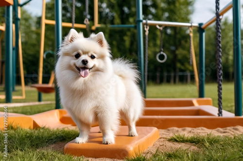 White fluffy doggy of Small German Pomeranian posing on dog playground, looking at camera. Portrait of funny puppy German Spitz dog on walk in nature, outdoors. Pet love concept. Copy ad text space