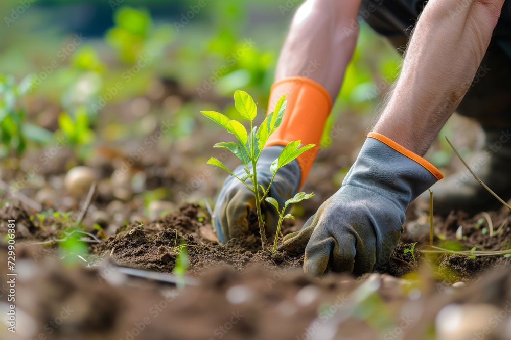 Fototapeta premium farmer wearing gloves planting a young tree