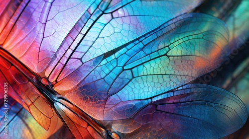 Wing of psychedelic dragonfly under microscope colorful