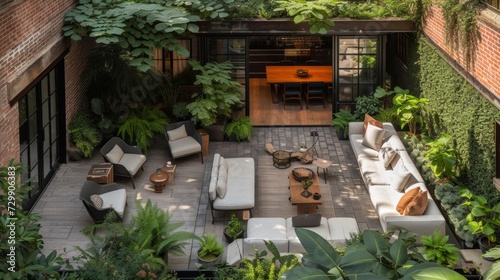 An inviting outdoor patio with contemporary furniture and lush greenery
