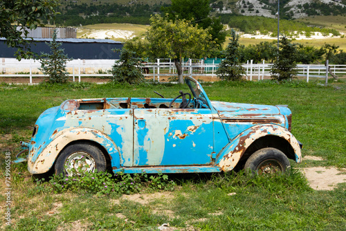 An old rusty blue car rooted into the ground.