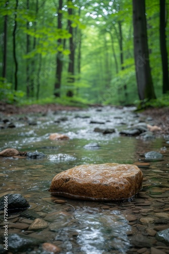 A tranquil, minimalist forest stream with a single, smooth rock in the water