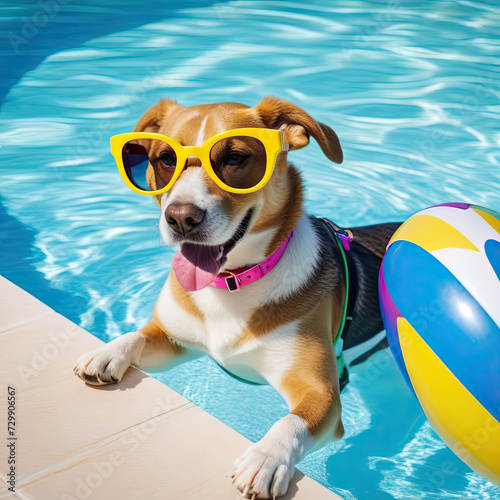  cheerful dog in sunglasses lounges by a swimming pool