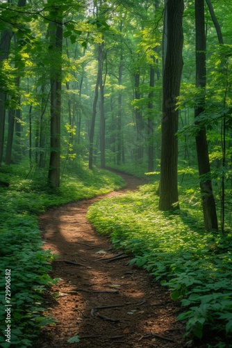 A tranquil forest path with dappled sunlight filtering through the serene can...