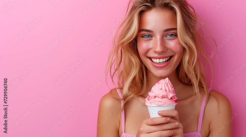 A young woman relishing a scoop of gelato, her eyes reflecting sheer happiness A young woman relishing a scoop of gelato, her eyes reflecting sheer happiness