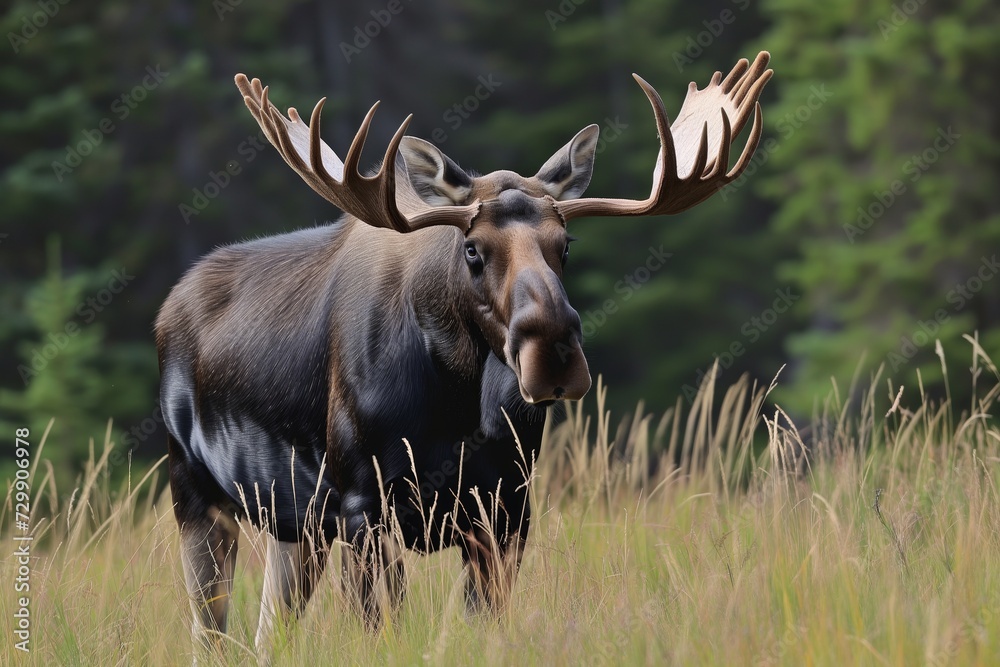 moose with antlers, tall grass and forest edge moose with antlers, tall grass and forest edge