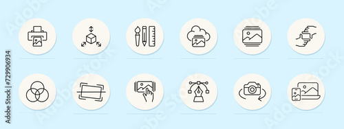 Photo montage line icon. Artistic, surreal, collage, composition, blend, digital art, fantasy. Pastel color background. Vector line icon for business and advertising