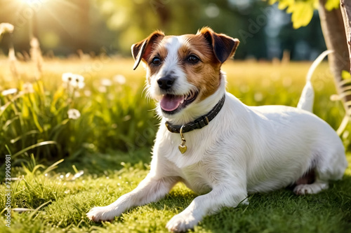 Funny Small Jack Russell terrier doggy sitting on grass lawn in park, looking away. Playful little Jack Russell terrier dog playing posing in nature, outdoors. Pet love concept. Copy ad text space