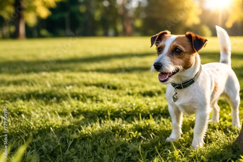 Funny Small Jack Russell terrier doggy sitting on grass lawn in park, looking away. Playful little Jack Russell terrier dog playing posing in nature, outdoors. Pet love concept. Copy ad text space