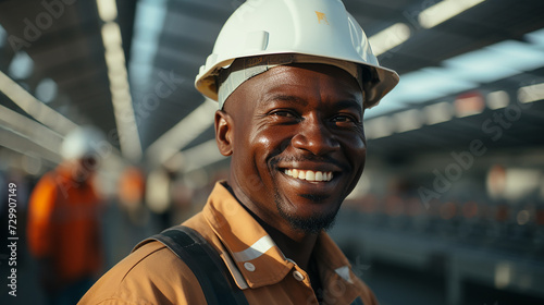 Portrait of african-american worker wearing safety helmet © jcalvera