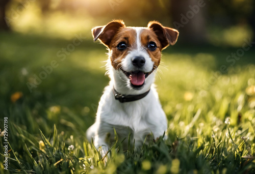 Funny Small Jack Russell terrier doggy sitting with tongue out on grass lawn in park, outdoors. Playful little Jack Russell terrier dog playing posing in nature. Pet love concept. Copy ad text space © Alex Vog