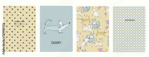 Set of cover page vector templates based on seamless patterns with doggies. Perfect for school exercise books, notebooks, kids diaries