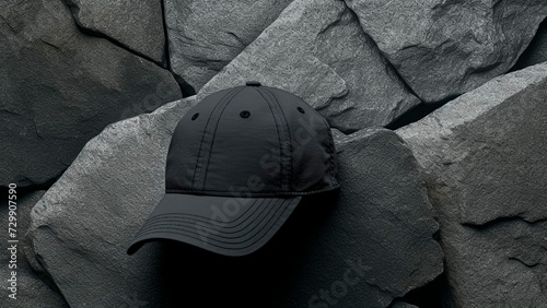 Black Dad Hat on a Stone Wall. Mockup. Urban Fashion, Trendy Accessory, Minimalist Design, Street Style.