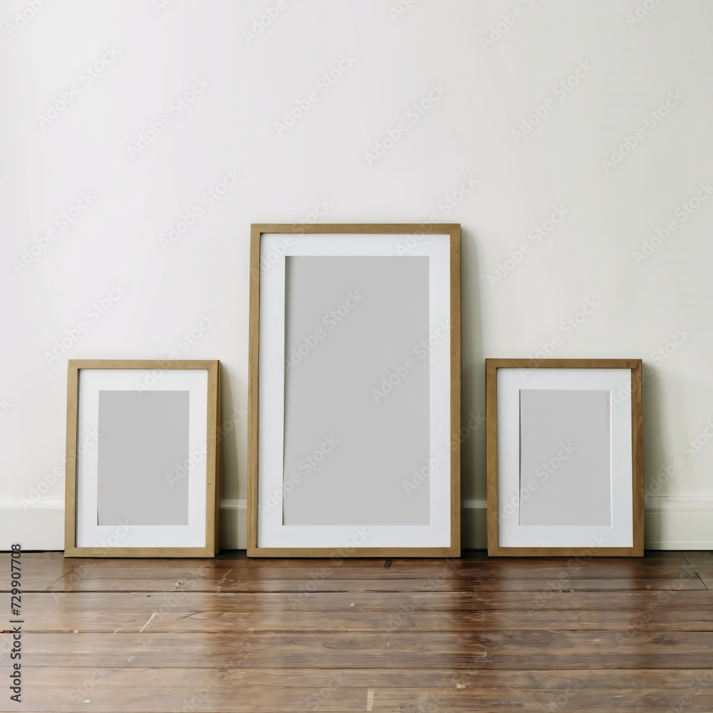 three vertical frames side by side resting on a floor against a wall, simple mockup. three vertical frames side by side resting on a floor against a wall, simple mockup.