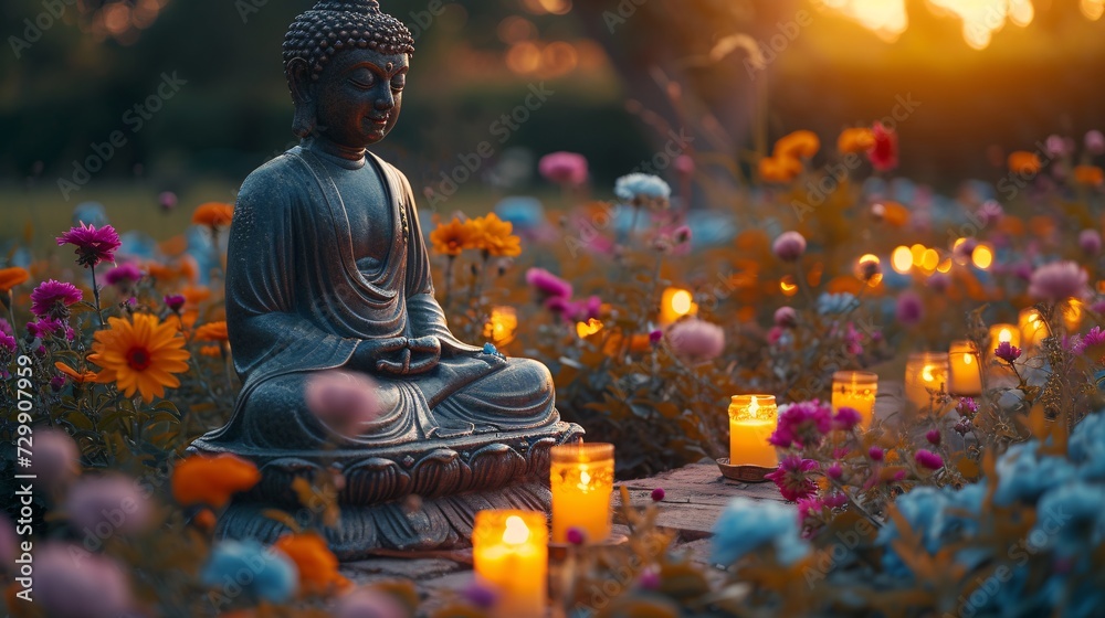 Buddha's Garden A Serene Meditation Space with Candles and Flowers Generative AI