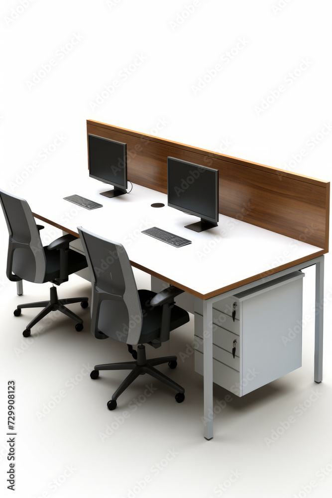 Desk with two monitors and keyboard on it and chair. Desk with two monitors and keyboard on it and chair.