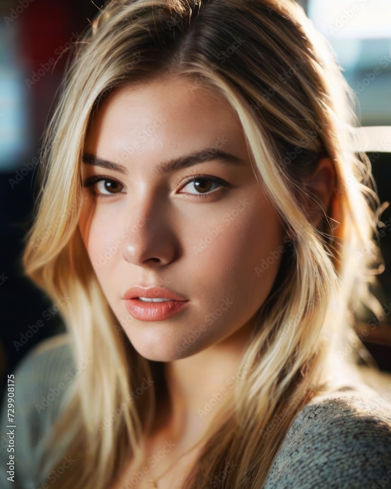 A close-up of a woman with blonde hair looking into the camera. A close-up of a woman with blonde hair looking into the camera.