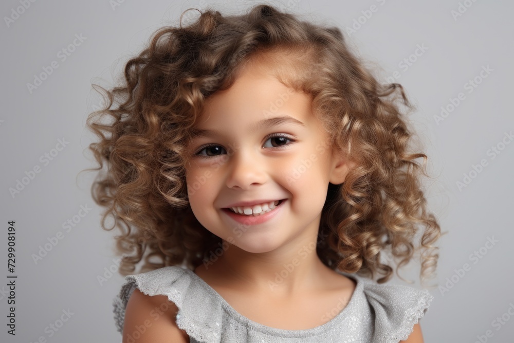 Portrait of a cute little girl with curly hair, isolated on grey background Portrait of a cute little girl with curly hair, isolated on grey background