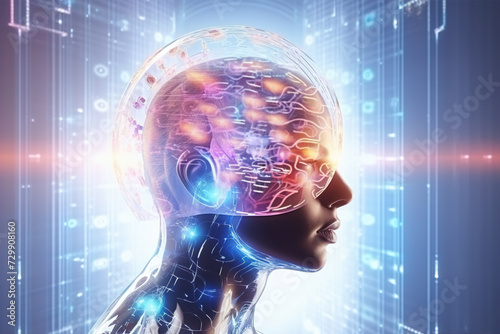 Futuristic man with a digital brain, perfect for themes related to AI, machine learning, and advanced computing in education and tech sectors. IT, cyberspace, computer data transfer.